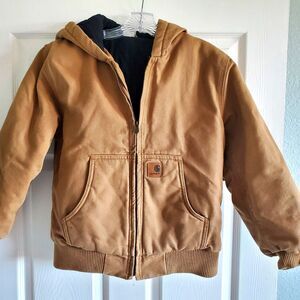 Carhartt Youth Jacket Large 10-12 Brown Hooded Canvas Coat Boys Jacket